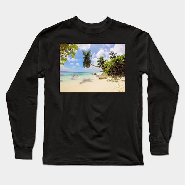 Seychelles beach palm tree print Long Sleeve T-Shirt by simplythewest